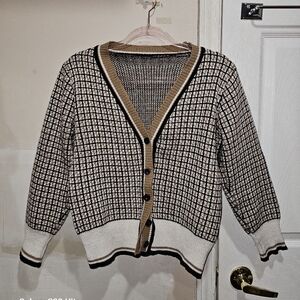 Black and Tan Checkered Cardigan Sweater with Contrasting Cuffs